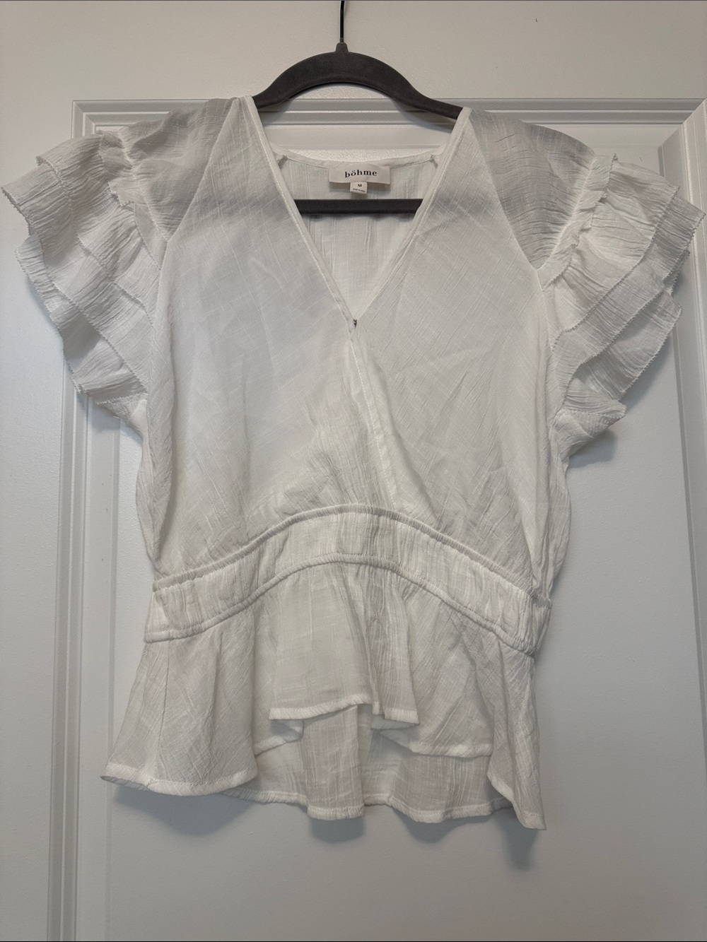 bohme White V-Neck Peplum Ruffle Sleeve Top